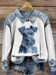 Women’s Animal Print Patchwork Lapel Long Sleeved Sweatshirt Light Blue / S