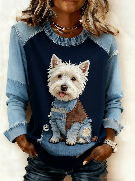 Women’s Retro Animal Art Print Comfortable Denim Patchwork Sweatshirt A / S