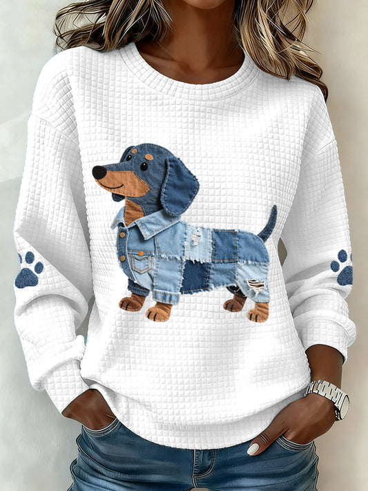 Women’s Denim Patchwork Dachshund Dog Pattern Waffle Sweatshirt White / S