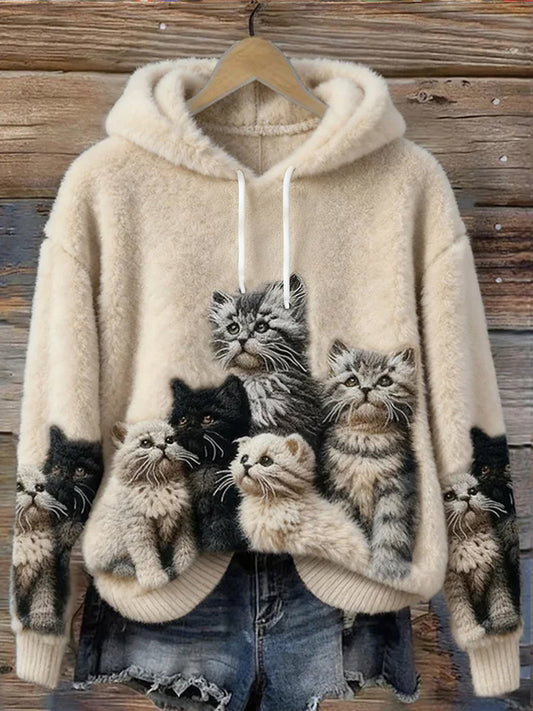 Women’s Cute Cat Art Print Casual Flannel Sweatshirt As picture / S