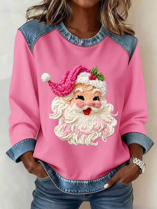 Women’s Latch Hook Yarn Crochet Santa Denim Patchwork Top Pink / S