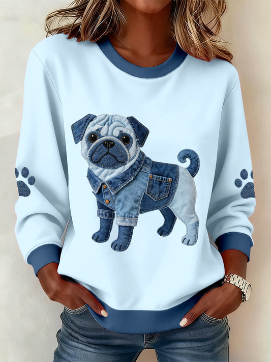 Women’s Lovely Pug Dog Denim Patchwork Pattern Sweatshirt Blue / S