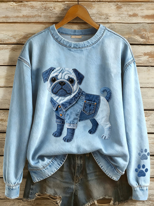 Women’s Lovely Pug Dog Denim Patchwork Pattern Sweatshirt Blue / S
