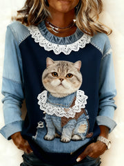 Women’s Retro Animal Art Print Comfortable Denim Patchwork Sweatshirt A / S