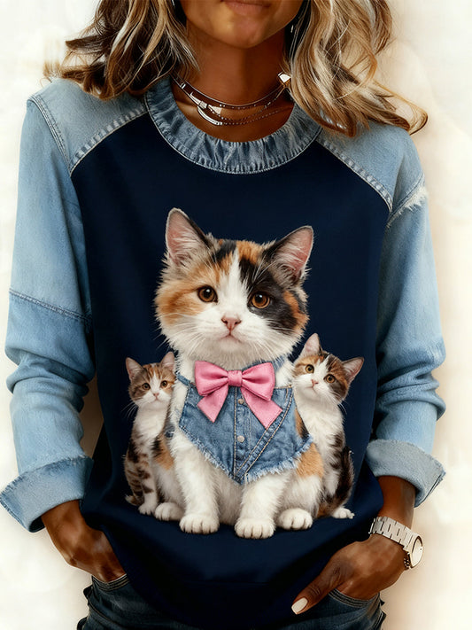 Women’s Retro Animal Art Print Comfortable Denim Patchwork Sweatshirt A / S