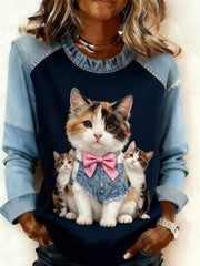 Women’s Retro Animal Art Print Comfortable Denim Patchwork Sweatshirt A / S