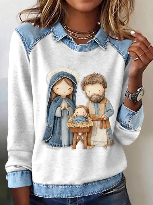Women’s Cute Nativity Scene Art Design Patchwork Top White / S