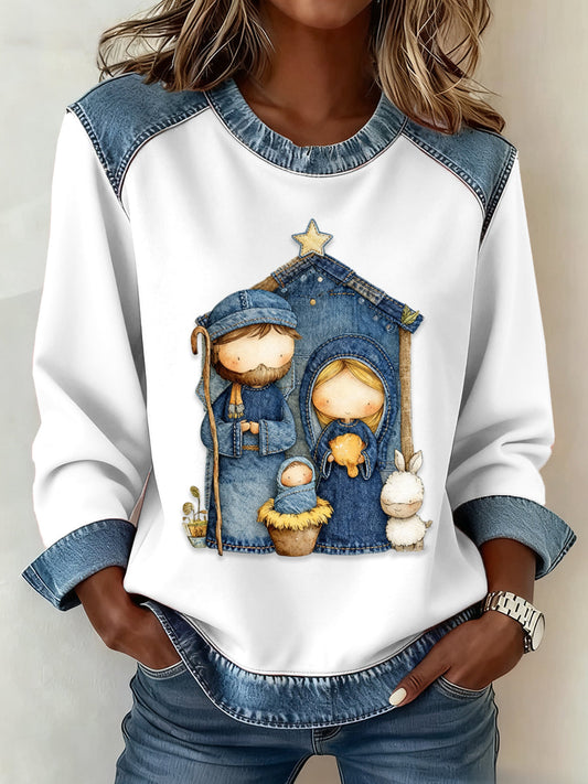 Women’s Cute Nativity Scene Art Design Denim Patchwork Top White / S