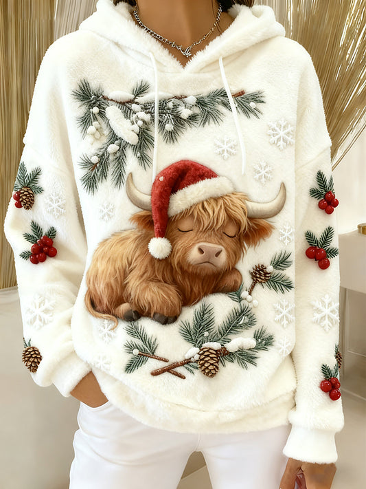 Women’s Christmas Cute Highland Cattle Flannel Hoodie As picture / S