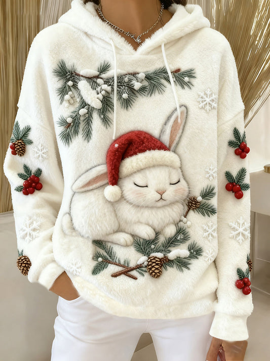 Women’s Christmas Cute Rabbit Flannel Hoodie As picture / S