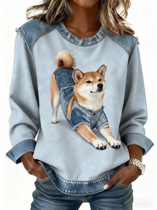 Retro Cute Dog Denim Patchwork Print Long-Sleeved Top Blue / S