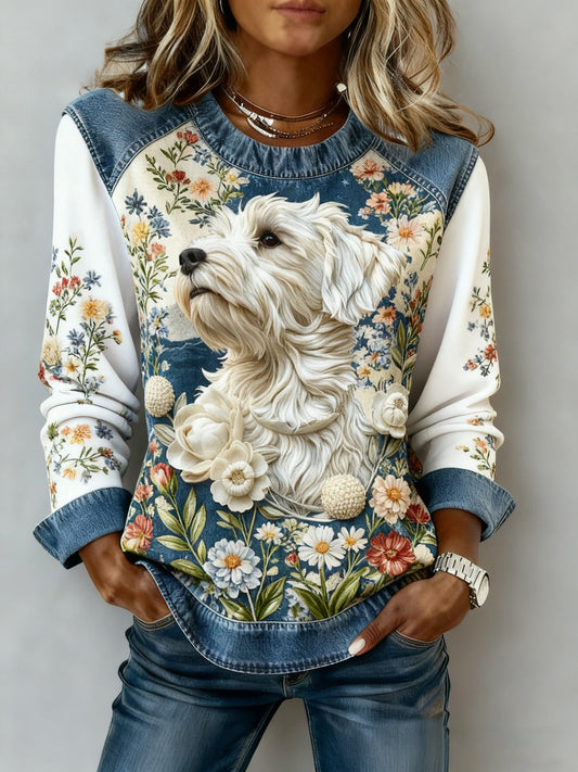 Women’s Art Dog Denim Patchwork Sweatshirt White / S