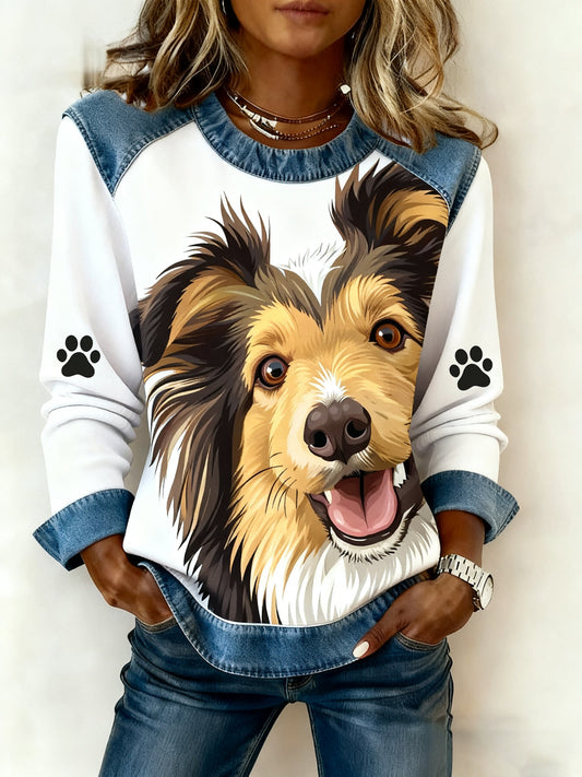 Women’s Art Dog Denim Patchwork Sweatshirt White / S