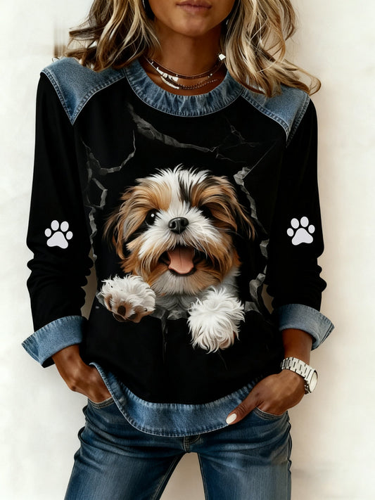 Women’s Art Dog Denim Patchwork Sweatshirt Black / S