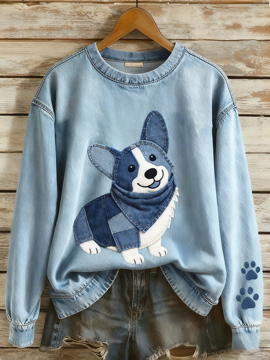 Women’s Retro Denim Patchwork Animal Art Print Casual Comfort Long-Sleeve Sweatshirt A / S