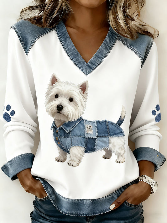 Women’s Retro V-neck Denim Patchwork Animal Print Casual Comfort Top A / S