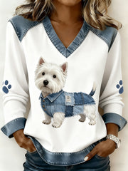 Women’s Retro V-neck Denim Patchwork Animal Print Casual Comfort Top A / S