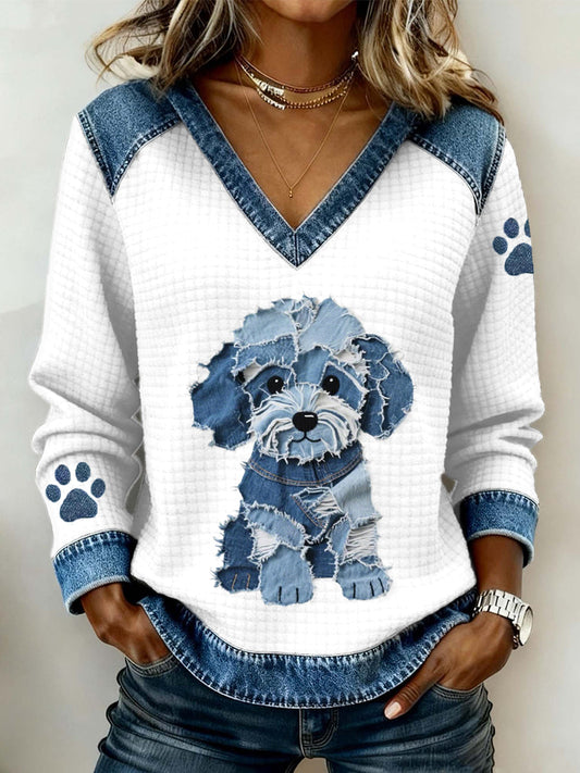 Women’s Lovely Dog Pattern Denim Patchwork V-Neck Top White / S