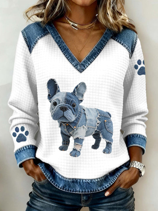 Women’s Lovely French Bulldog Pattern Denim Patchwork V-Neck Top White / S