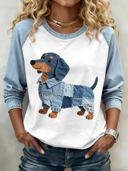 Women’s Lovely Dachshund Dog Pattern Denim Patchwork Sweatshirt Light Blue / S