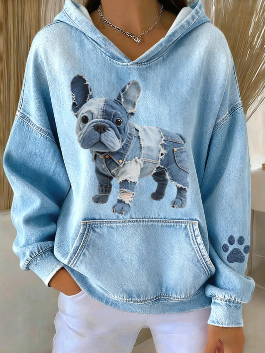 Women’s Lovely French Bulldog Denim Patchwork Pattern Hoodie Blue / S
