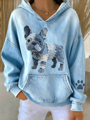 Women’s Lovely French Bulldog Denim Patchwork Pattern Hoodie Blue / S