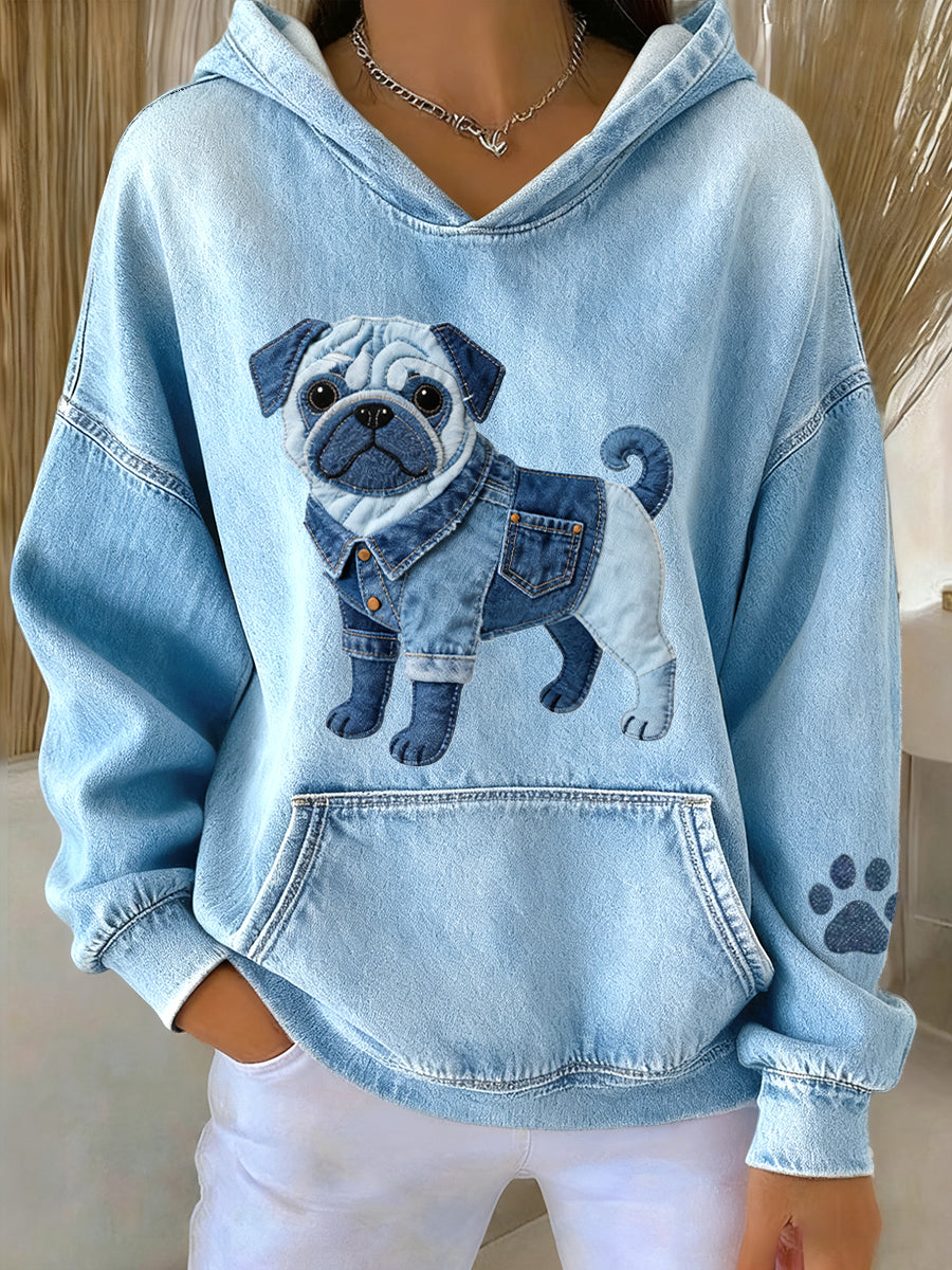 Women’s Lovely Pug Dog Denim Patchwork Pattern Hoodie Blue / S