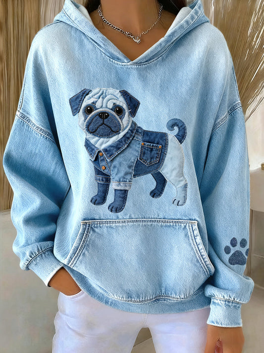 Women’s Lovely Pug Dog Denim Patchwork Pattern Hoodie Blue / S