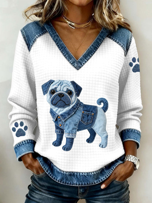 Women’s Lovely Pug Dog Pattern Denim Patchwork V-Neck Top White / S