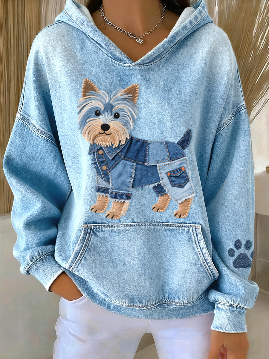 Women’s Denim Patchwork Art Yorkshire Terrier Dog Pattern Hoodie Blue / S