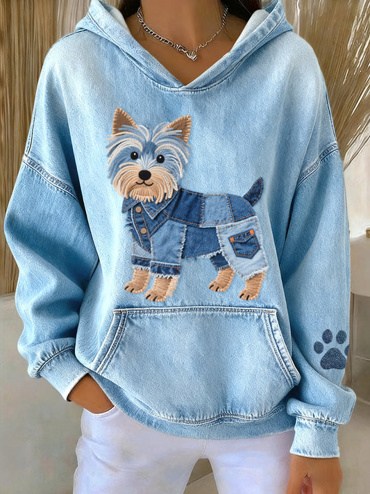 Women’s Denim Patchwork Art Yorkshire Terrier Dog Pattern Hoodie Blue / S