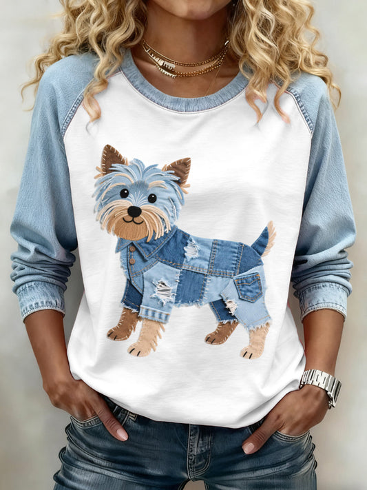 Women’s Denim Patchwork Art Yorkshire Terrier Dog Pattern Sweatshirt Light Blue / S