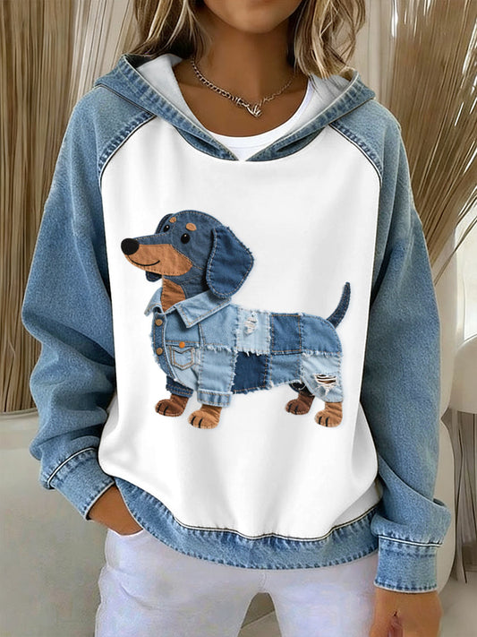 Women’s Lovely Dachshund Dog Pattern Denim Patchwork Hoodie As picture / S