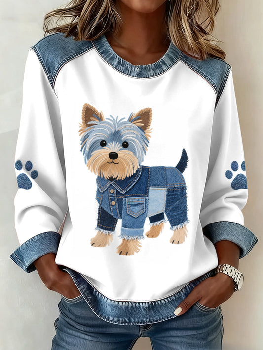 Women’s Lovely Yorkshire Terrier Dog Pattern Denim Patchwork Sweatshirt White / S