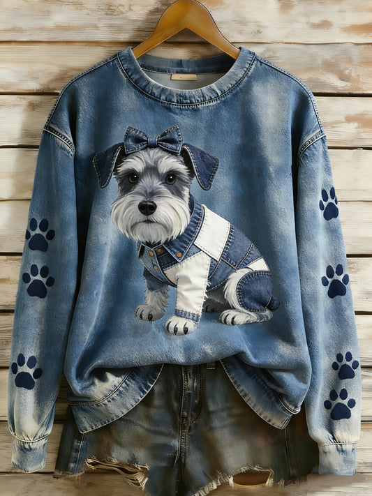 Women’s Retro Denim Patchwork Animal Art Print Casual Comfort Long-Sleeve Sweatshirt A / S