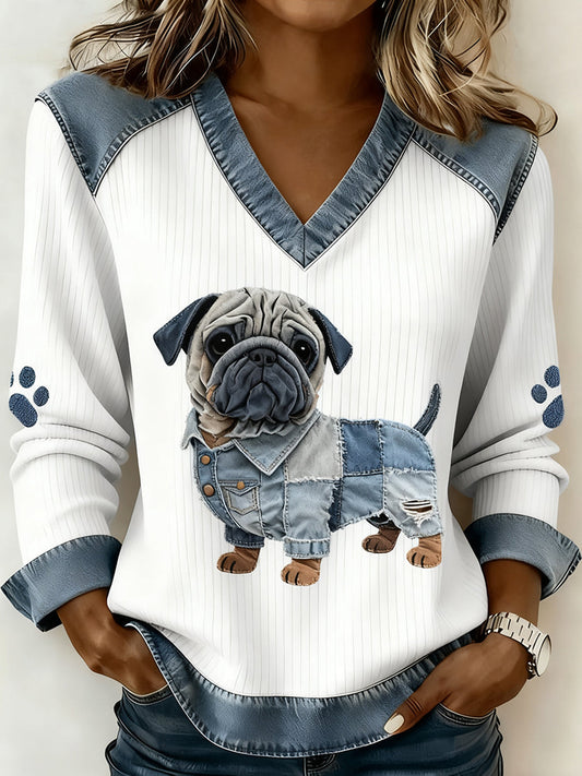 Women’s Retro V-neck Denim Patchwork Animal Print Casual Comfort Top A / S