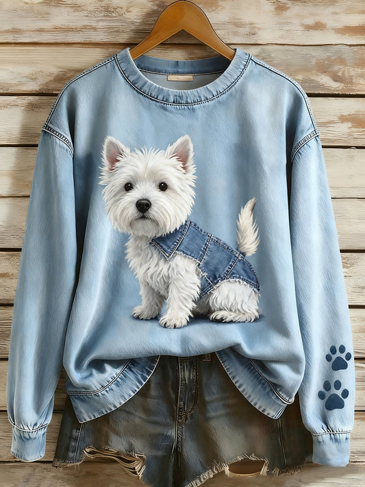 Women’s Retro Denim Patchwork Animal Art Print Casual Comfort Long-Sleeve Sweatshirt A / S