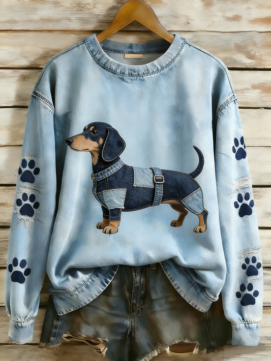 Women’s Retro Denim Patchwork Animal Art Print Casual Comfort Long-Sleeve Sweatshirt A / S