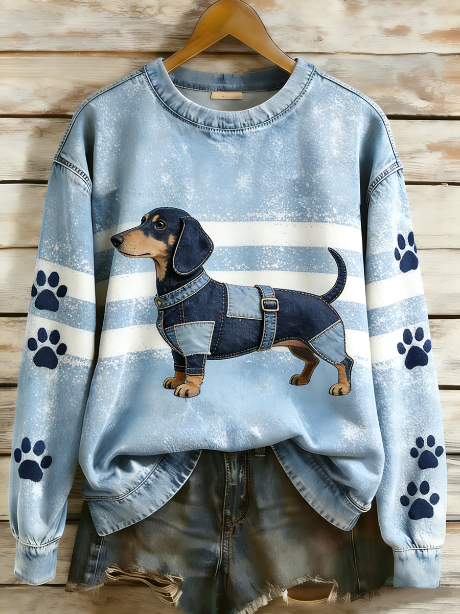 Women’s Retro Denim Patchwork Animal Art Print Casual Comfort Long-Sleeve Sweatshirt A / S