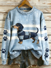 Women’s Retro Denim Patchwork Animal Art Print Casual Comfort Long-Sleeve Sweatshirt A / S