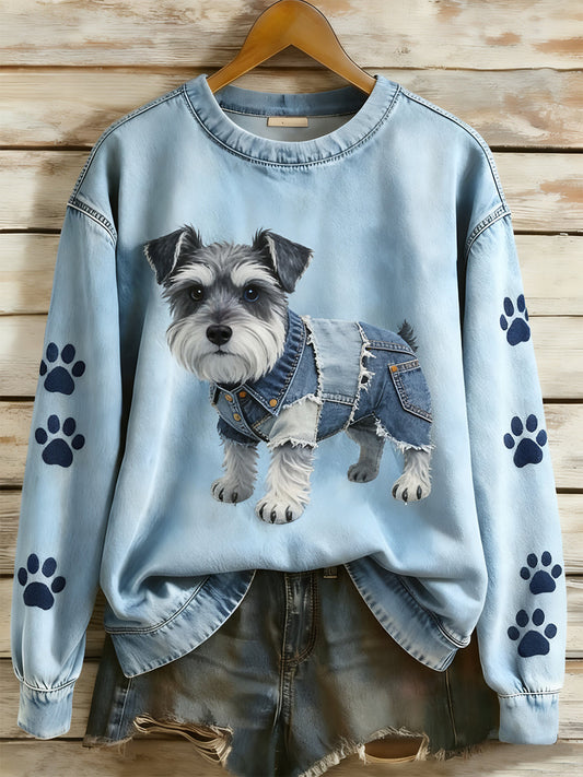 Women’s Retro Denim Patchwork Animal Art Print Casual Comfort Long-Sleeve Sweatshirt A / S