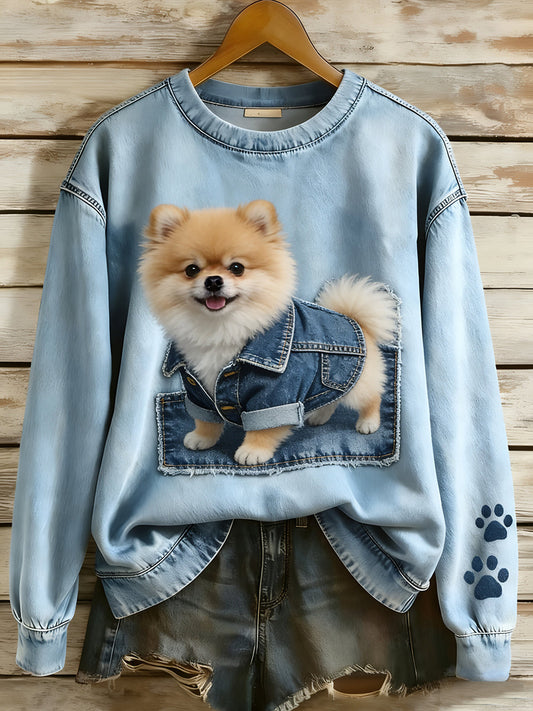 Women’s Retro Denim Patchwork Animal Art Print Casual Comfort Long-Sleeve Sweatshirt A / S