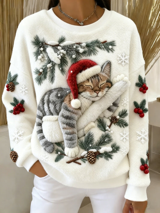 Women’s Cute Christmas Cat Art Print Casual Flannel Hoodie White / S