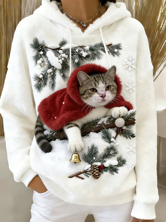 Women’s Retro Animal Art Print Comfortable Flannel Hooded Sweatshirt A / S