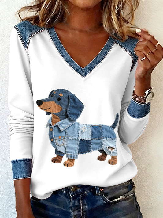 Women’s Denim Patchwork Art Dachshund Dog Pattern V-neck Long Sleeve T-Shirt As picture / S