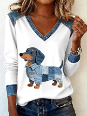 Women’s Denim Patchwork Art Dachshund Dog Pattern V-neck Long Sleeve T-Shirt As picture / S