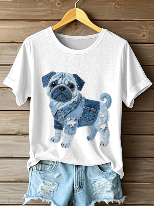 Women’s Lovely Pug Dog Denim Patchwork Pattern T-Shirt White / S