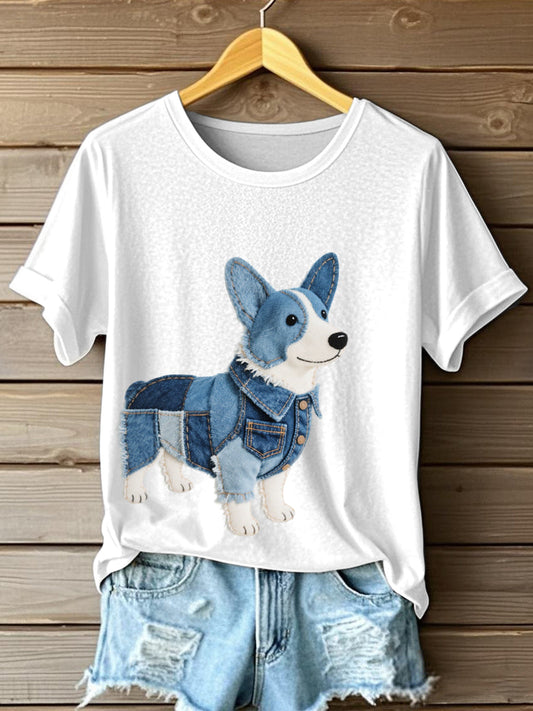 Women’s Lovely Corgi Dog Denim Patchwork Pattern T-Shirt White / S