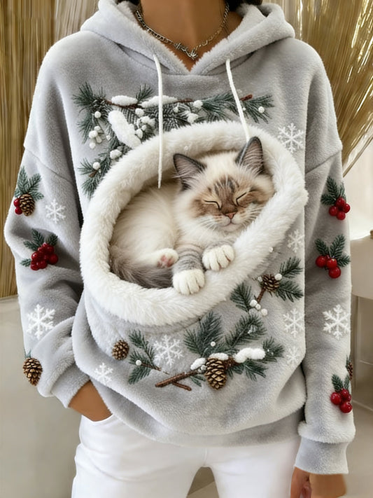 Women’s Retro Animal Art Print Comfortable Flannel Hooded Sweatshirt A / S
