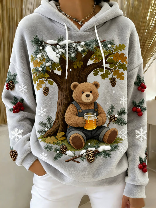 Women’s Retro Animal Art Print Comfortable Flannel Hooded Sweatshirt A / S